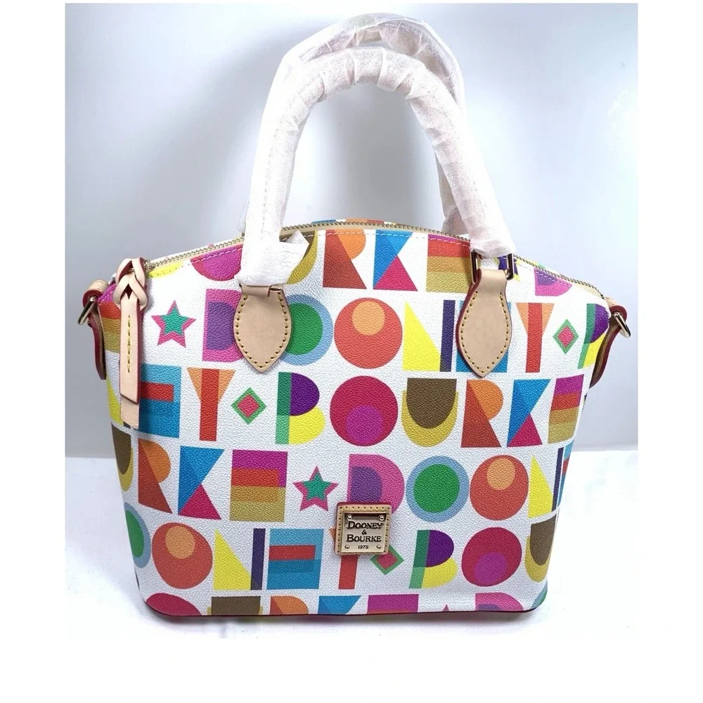 Dooney & Bourke Geena Satchel Women White NEW Art Deco Multi Logo Pattern
